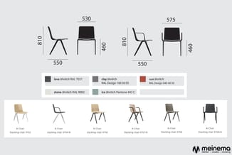 A-Chair stapelstoelen in verschillende uitvoeringen met technische afmetingen en kleurvarianten (lava, stone, clay, ice, rust