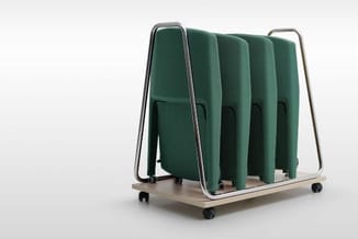 Opbergwagen met vier groene gestoffeerde panelen op metalen frame met wielen