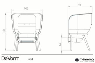 DeVorm Pod - technische tekening voorkant en zijkant met afmetingen 103x130cm en diepte 44cm, bureaustoel op poten.