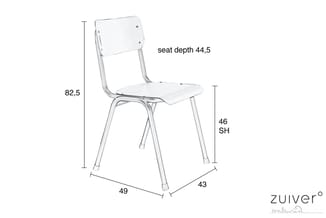 Witte kunststof stoel met metalen frame, zithoogte 46 cm, zitdiepte 44,5 cm, totale hoogte 82,5 cm, breedte 49 cm en diepte 4