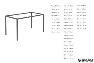 Metalen tuinpergola met grijs frame en verschillende maten beschikbaar voor frames van 3x3 cm tot 6x6 cm.