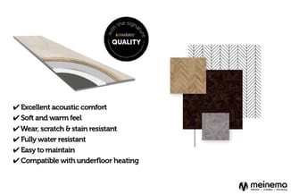 Moduleo vloering met doorsnede van lagenopbouw, naast kleurstalen in beige, donkerbruin, wit visgraatpatroon en grijs. Eigens