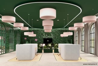 Modern kantoor met groene plafond- en wandbekleding, roze hangende cilindervormige lampen, twee witte ronde balie-meubels, gr