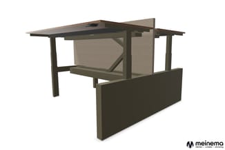 Moderne buiten- of breakroomkiosk met donkergrijs frame, houten dak, beige akoestische panelen en openstaande zijden.