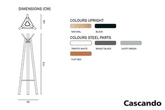 Staande lamp Cascando met driepotige basis, 173 cm hoog, 55 cm breed. Beschikbare kleuren: natuurlijk en zwart voor kap; wit,
