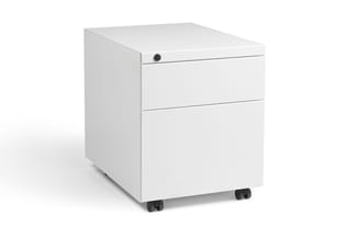 Witte verrijdbare kastunit met twee laden en zwarte wielen, geschikt voor onder bureaus of als aanvullende opbergruimte.