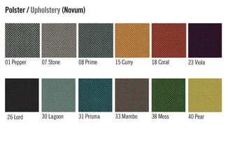 Staalkaart polster/bekleding Novum met 12 kleuropties: Pepper, Stone, Prime, Curry, Coral, Viola, Lord, Lagoon, Prisma, Mambo