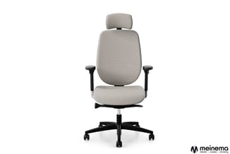 Grijze ergonomische bureaustoel met hoofdsteun, zwarte armleuningen en zwart onderstel met wieltjes, frontaanzicht.
