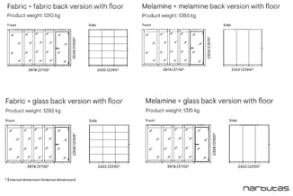 Vier varianten van een kastenwand met verschillende materiaalcombinaties (stof/melamine voorkant, stof/melamine/glas achterka