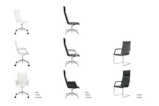 Overzicht bureaustoelen: witte en zwarte draaistoel en stoelen met armleuningen, op wielen en sledeframe. Modelnummers 6722,