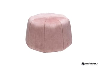 Roze pouf met gestoffeerde zitting en geronde vorm, geïsoleerd op witte achtergrond.