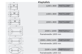 Overzicht klaptafels met afmetingen en modelnummers: rechthoekige uitvoeringen 1200-1600x800mm en ergonomische modellen 2000x