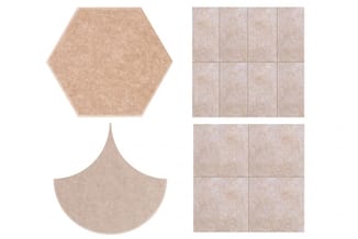 Tegels en vormen in beige/taupe kleur: zeshoek, halfronde vorm en rechthoekige tegels in gridpatroon.