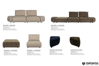 Hunter modulaire bankcollectie in beige en bruin: 3-zits, 4,5-zits, 1,5-zits elementen en hoekstukken met afmetingen en mater