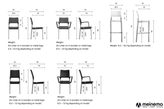 Technische tekeningen van stoelen met afmetingen en gewicht. Verschillende modellen arm- en vergaderstoelen in zwart en grijs