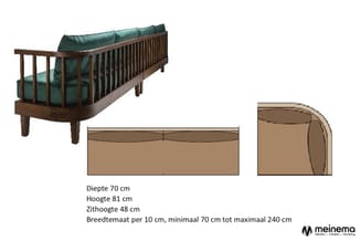 Houten loungbank met groene zitting en technische specificaties: diepte 70 cm, hoogte 81 cm, zithoogte 48 cm, breedtemaat 70-
