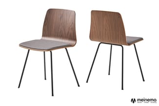 Twee houten stoelen met grijze zitting en zwarte metalen poten, voor- en achteraanzicht.