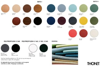 Kleurenpaletkaart voor stoffen en bekleding met BEITS I, BEITS II, Polypropyleen en Stoffen collecties. Toont circa 30 kleure