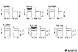 Technische tekeningen van zes stoelmodellen (Tivoli 2800, 2801, 2802, 2805, 2806, 2807) met afmetingen in millimeters en inch