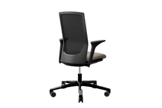 Zwarte ergonomische bureaustoel met netweave rugleuning, grijze zitting, verstelbare armleuningen en vijfpoots zwenkvoet met