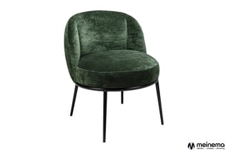 Groene stoel met ronde zitting en gebogen rugleuning op zwarte poten, geïsoleerd tegen witte achtergrond.