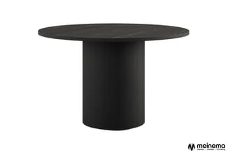 Ronde zwarte tafel met cilindervormige voet, gemaakt van hout met zichtbare nerven, tegen witte achtergrond.