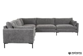 Grijze hoekbank met drie zitplaatsen, linker- en rechterdeel, metalen poten, modern design tegen witte achtergrond.