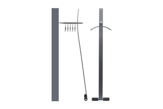 Akoestische scheidingswanden in grijs met bevestigingsmogelijkheden voor hangers en accessoires.
