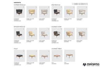 Overzicht modulaire zitmeubels in drie kleuren: hoekmodule, eindmodule, spacermodule, loungestoel, pouf en loungetafel in hou