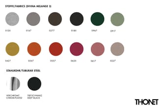 Kleurpaletmonster DIVINA MELANGE 3 met 12 stoffen in grijs-, groen-, geel-, rood- en bruintinten. Plus 2 staalroopties in chr