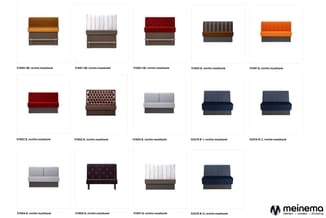 Overzicht van 14 rechte maatbanken in verschillende kleuren en materialen: bruin, wit, rood, oranje, grijs en donkerblauw met