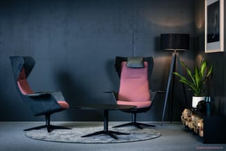 Moderne loungeset met twee blauwe stoelen met roze binnenzijde, zwarte tafel, rond tapijt, staande lamp, plant en houtopslag