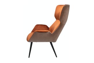Loungestoel met grijs wollenstof en cognackleurig leder, hoge rugsteun, zitting met kussen, zwarte poten.