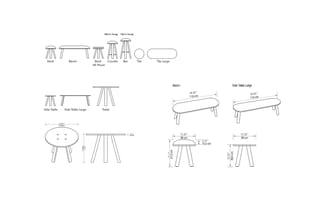 Overzicht productlijn met tekeningen: stoelen, banken, tafels, barkrukken en accessoires met afmetingen in cm en inches.