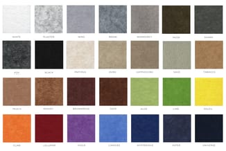 Kleurenpalet met 28 stoffalen voor meubilair, genummerd van wit tot donkerblauw, inclusief neutrale, bruine, groene en gekleu