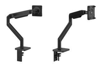 Twee zwarte monitorarmen met tafelklem, verstelbaar, voor schermen tot ongeveer 24 inch, kant-en-klaar getoond.