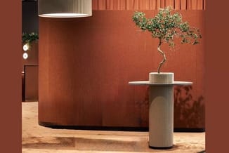 Moderne kantoorruimte met terracotta-rode textielwand, witte hanglamp, biezenplant in ribbelkeramische plantenbak op zuilvorm