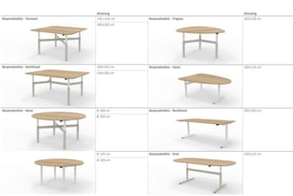 Overzicht van zes bespreektafels: Vierkant (140x140, 160x160 cm), Rechthoek (200x160, 240x160 cm), Trigoon (160x158 cm), Zoom