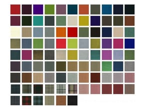Kleurenpalet met ongeveer 60 stoffalen in diverse kleuren: rood, groen, blauw, grijs, bruin en paars tinten.