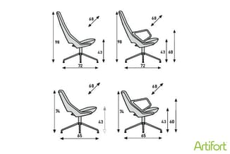 Technische tekeningen van een ergonomische bureaustoel in vier posities met afmetingen: zithoogte 43-60cm, breedte 65-72cm, r