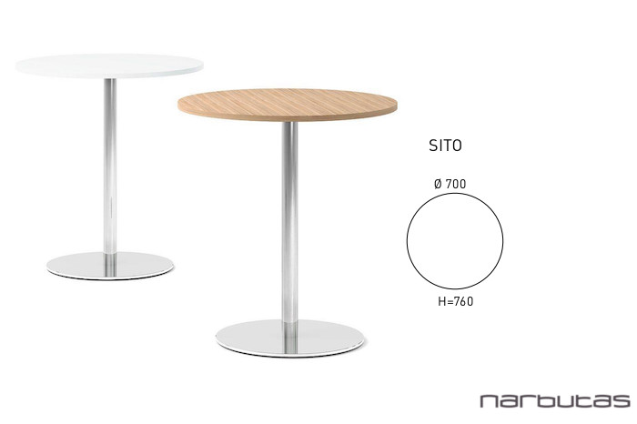 SITO bistrotafel rond, Ø700mm, hoogte 760mm. Drie uitvoeringen getoond: wit blad, naturel houten blad en technische tekening