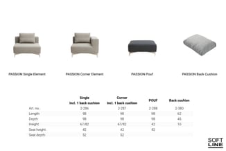 PASSION zitmeubels: single element, corner element, pouf en back cushion in grijsbeige en zwart met afmetingen en artikelnumm