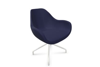 Donkerblauwe draaibare stoel met ergonomische kuipvorm en witte metalen driepoot onderstel, vooraanzicht.