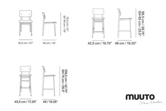 Muuto stoelen en barkrukken in zijaanzicht met afmetingen in cm en inches aangegeven.