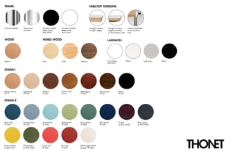 Kleurenkaart met frameafwerkingen (chroom, aluminium, poedercoating), tafelbladvarianten (hout, laminaat) en stainafwerkingen