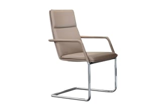 Grijsbeige bureelstoel met hoge rugleuning, armsteunen en chromen sledepoten op witte achtergrond.