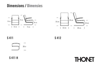 Thonet stoelen S 411, S 412 en S 411 H met technische afmetingen en zijkanten aanzichten in zwart-wit tekening.