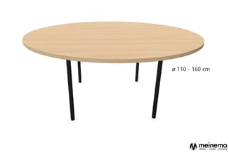 Ronde uitschuifbare tafel met licht houten blad en zwarte poten, diameter 110-160 cm.