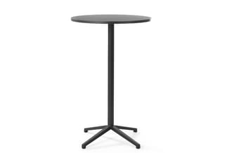 Zwarte staande tafel met rond blad en kruispoot, moderne minimalistisch design tegen witte achtergrond.