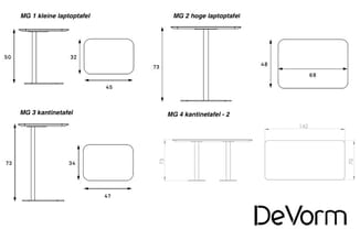 Technische tekeningen van vier DeVorm laptoptafels en kantafel met afmetingen: MG 1 (50x45cm), MG 2 (73x68cm), MG 3 (73x47cm)